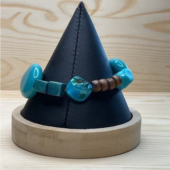 Faux Turquoise Beaded Bracelet With Wood Accents - Picture 1 of 3